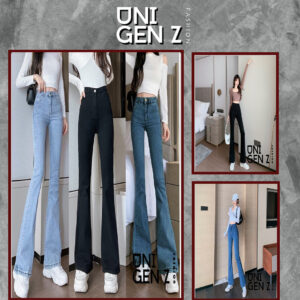 Quần jeans ống loe nữ co giãn lưng cao 2023